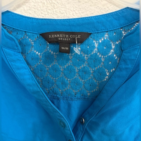 Kenneth Cole Blouse Women M Small Blue V-Neck Button Long Sleeve Pockets Casual - Picture 2 of 6